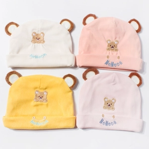 Soft cotton baby bear hat collection in cream yellow pink and purple for infant warmth