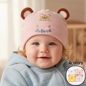 Polyester Bear Ear Baby Beanie Hat Warm Windproof Newborn Infant Toddler Soft Knitted Cap With Bear Embroidery For Daily Wear