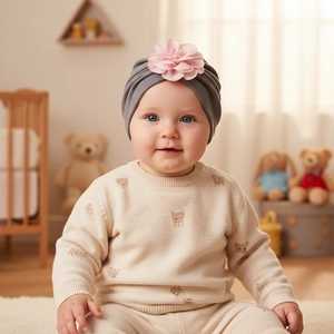 Dettaglio di turbante neonato con grande fiore rosa su cappello in maglia grigia
