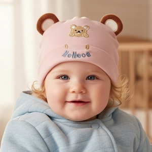 Detailed embroidery of MoMoo bear on pink newborn warm hat for autumn and winter
