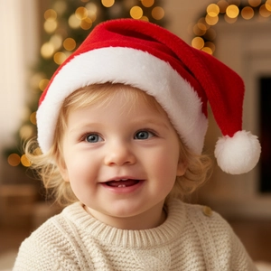 Gros plan d'un enfant portant un bonnet de Noël en peluche rouge de qualité avec pompon blanc