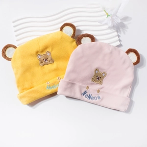 Newborn baby cotton knit beanies in yellow and pink with cute 3D bear ears