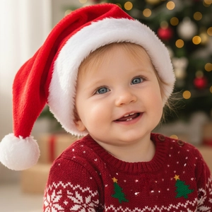 Détail d'un bonnet de Noël en peluche et d'un pull à flocons pour enfant en hiver