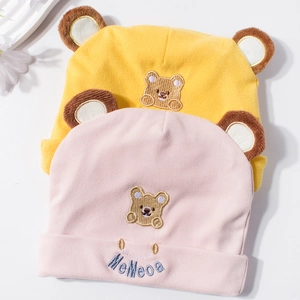 Two-pack baby cotton knit hats with bear ears and embroidery in pink and yellow