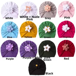 Detailed grid view of soft baby turban hats with floral decor in thirteen vibrant colors