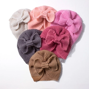Set of 6 colorful knitted baby turban hats with large bows for newborn winter warmth