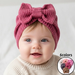 Infant Knit Turban Hat with Big Bow Solid Color Toddler Winter Warm Beanie Crochet Headwrap for Baby Girls Accessories