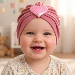 Détail d'un bonnet bébé avec un patch coeur à paillettes roses sur tissu doux