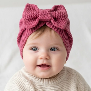 Detail of baby knitted rose pink headband with large bow decoration on soft knit texture