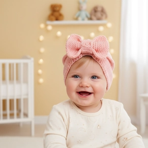 Detailed view of baby light pink knitted hat with oversized bow on warm background