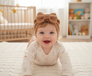 Close-up of caramel knitted baby headband with a large bow worn by a baby in a warm nursery
