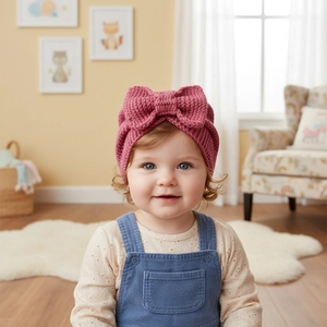 Detail of baby girl wearing a chunky knit headband with a large bow in rose pink