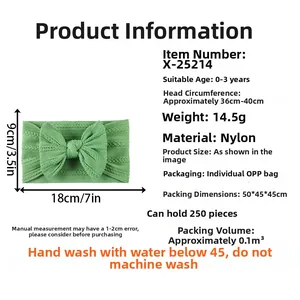 Tableau des tailles détaillé pour bandeau bébé en nylon vert avec dimensions de 18x9 cm