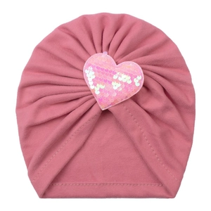 Bonnet turban rose pour bébé avec cœur en paillettes et tissu doux pour l'hiver
