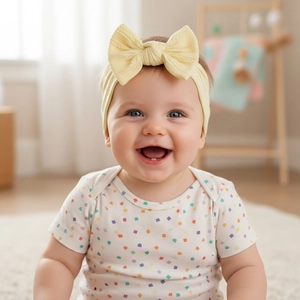 Bandeau bébé jaune pâle en nylon avec grand nœud sur texture tricotée élastique