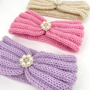 Soft knitted baby headbands in lavender, pink and beige with pearl rhinestone flowers