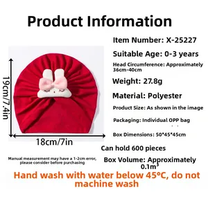 Detailed size chart for red baby turban hat with rabbit accent for 0-3 years infants