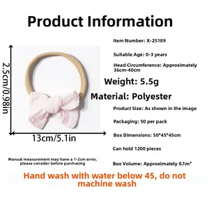 Pink elastic baby headband with bow, showing 36-40cm circumference and hand wash details