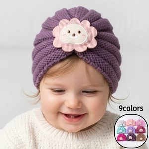 Bonnet Turban Bébé Tricoté Bonnet Nourrisson Avec Écusson Lion Dessin Animé Côte Thermique Hiver pour Nouveau-né Enfants