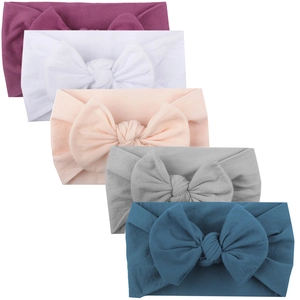 Lot de 5 bandeaux bébé en nylon avec grands nœuds en tricot doux, couleurs unies