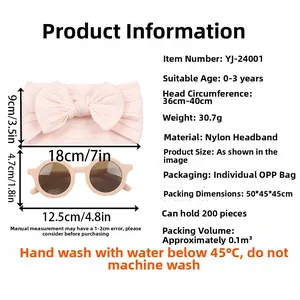 Ensemble bandeau à nœud rose et lunettes rondes pour bébé avec dimensions détaillées