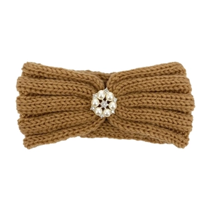 Close-up of camel knit baby headband with elegant pearl and rhinestone flower detail