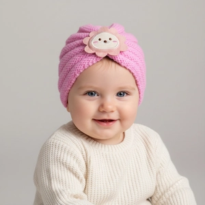 Détail du bonnet en tricot rose pour bébé avec broderie soleil sur un nourrisson