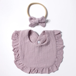 Set bavaglino e fascia per neonati in cotone rosa antico con volant e fiocco