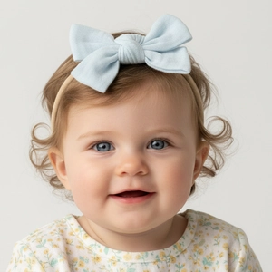 Close-up of light blue knitted bow headband on baby with high elastic thin band detail
