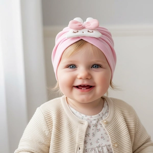 Close-up of pink infant turban hat with white bunny ears and embroidered eyelash detail