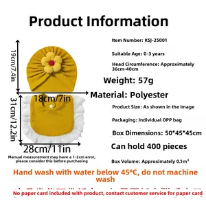 Dettaglio del set cappello e bavaglino giallo con misure e specifiche del materiale