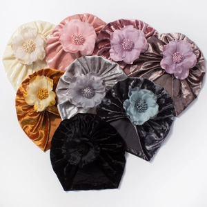 Bonnet turban bébé en velours doré avec grande fleur 3D en 8 couleurs assorties
