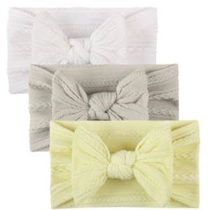 Lot de 3 bandeaux bébé en nylon avec nœuds texturés en blanc, gris et jaune pâle doux