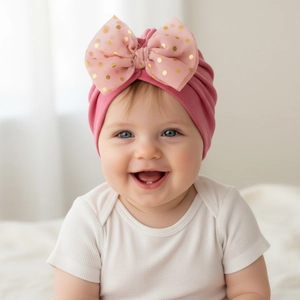Détail du bonnet turban pour bébé avec grand nœud en maille à pois roses et tissu doux