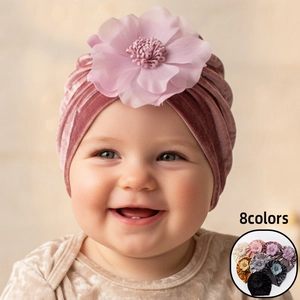 Bonnet Turban Bébé en Velours Doré Grande Fleur Souple Beanie Chaud Automne Hiver Couvre-chef Pour Nouveau-né Nourrisson Filles Accessoires