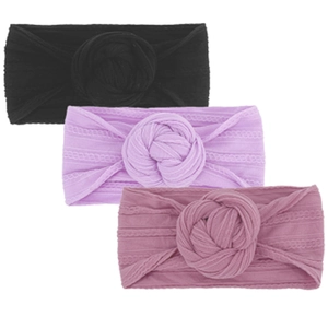 Lot de 3 bandeaux bébé en nylon avec fleurs en relief en noir, violet et rose poudré