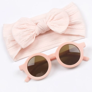 Ensemble bandeau à nœud rose et lunettes de soleil rondes pour bébé en maille douce