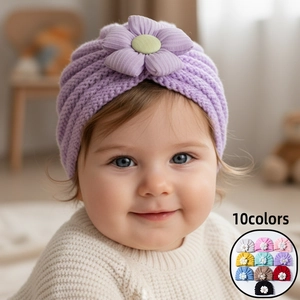 Baby Knit Turban Hat Soft Polyester Warm Winter Beanie Cute Flower Decorative Infant Toddler Headwear For Daily Outing