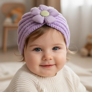 Detail of lavender baby knit hat featuring a soft floral ornament and warm chunky knit texture