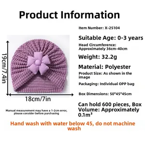 Size chart for solid color baby flower turban hat featuring dimensions and fabric details