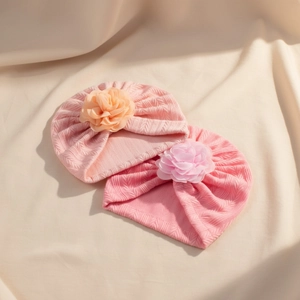 Lot de deux turbans pour bébé en maille douce avec grandes fleurs roses et pêche