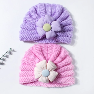 Two-pack baby striped knit turban hats in pink and purple with large soft 3D flower detail