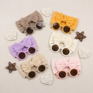 Bandeau à Nœud et Lunettes de Soleil pour Bébés Nourrissons Protection UV Bandeau en Tricot Lunettes Monture Ronde Accessoire