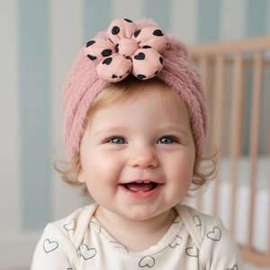 Dettaglio di neonata con cappello di peluche rosa decorato con un grande fiore a cuoricini