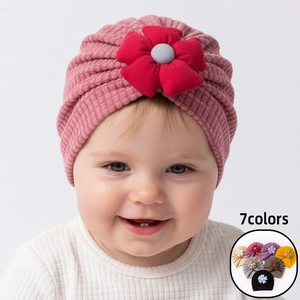 Baby Turban Hat Large Flower Waffle Knit Soft Stretchy Beanie Bonnet For Infant Toddler Newborn Autumn Winter Headwear