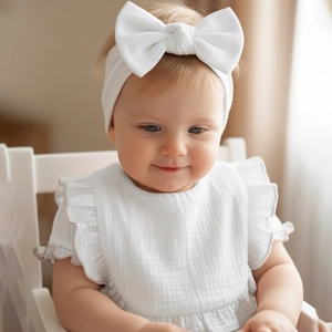 Detail of soft white knitted baby headband with bow and ruffled muslin bib fabric