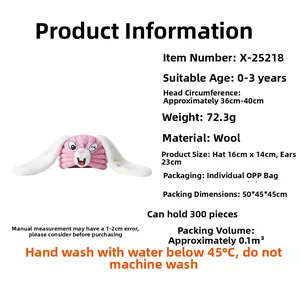 Detailed chart showing pink bunny knitted hat dimensions and size specs for infants