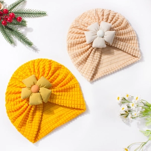 Baby turban hat set with large fabric flower in waffle knit yellow and beige colors