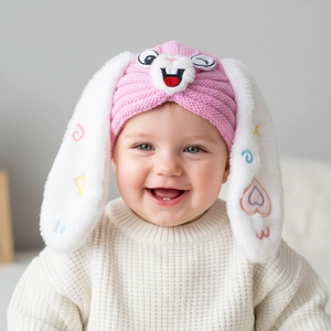 Detail of pink knitted baby hat with soft plush rabbit ears and cute embroidery
