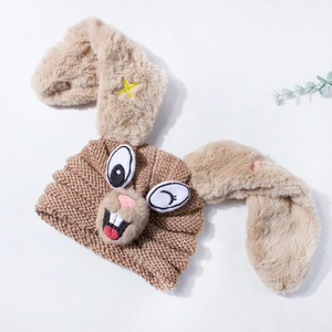 Winter knitted baby beanie with cute rabbit ears and embroidered cartoon bunny face